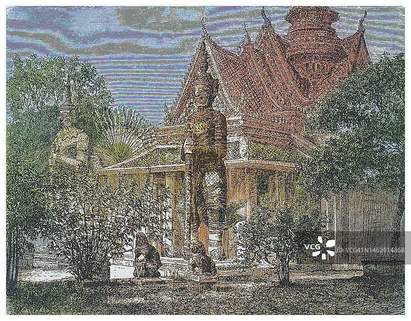 玉佛寺：泰国最神圣的佛教寺庙的古老雕刻插图图片素材