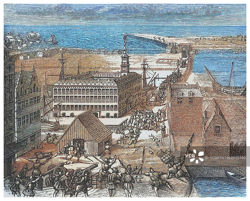 比利时安特卫普城堡攻占战役古老雕刻插图图片素材