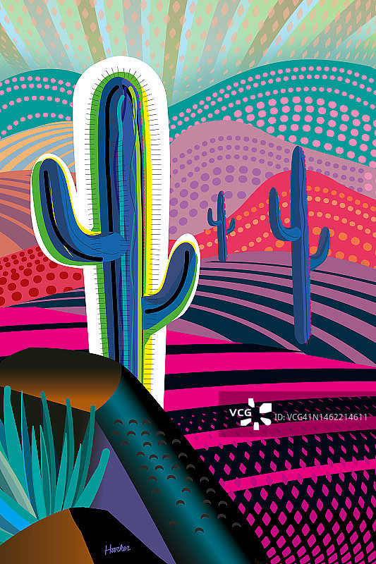 日出时分的山景：沙漠仙人掌插画图片素材