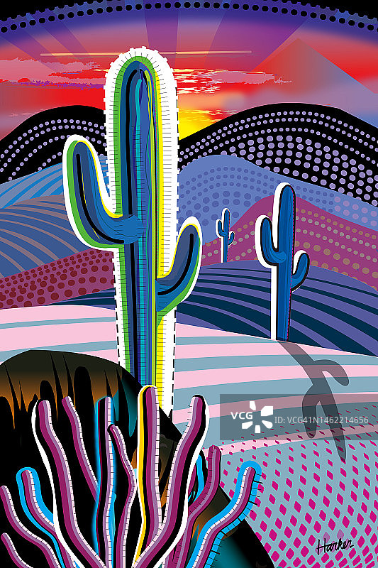 山脉景观：沙漠仙人柱插画图片素材