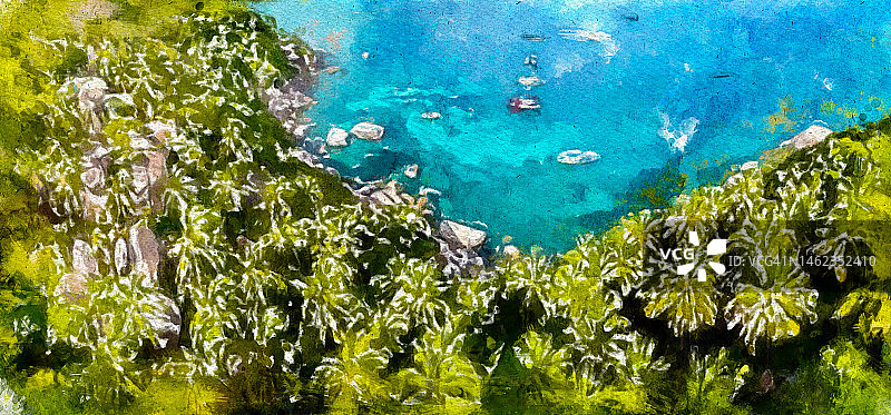 抽象水彩画：从泰国约翰-苏万岩石观看到的涛岛景色图片素材