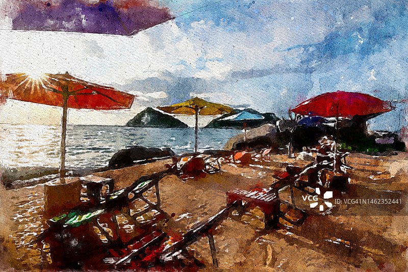 抽象水彩画：泰国涛岛热带海滩日落图片素材