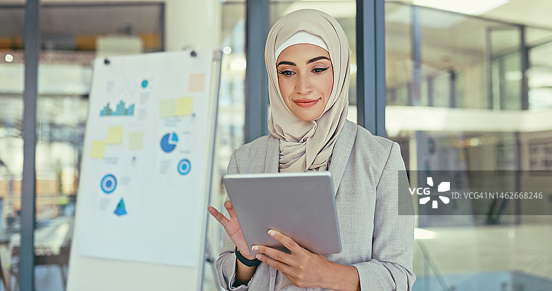 戴头巾的穆斯林女商人在会议室使用平板电脑进行数字网页设计开发工作，办公室在线工作和网页设计工作人员的社交媒体应用程序设计技术研究图片素材