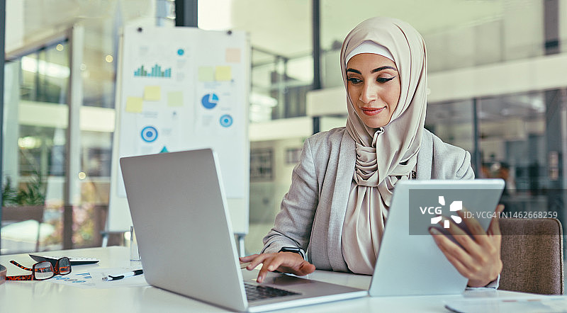 穆斯林女性使用笔记本电脑和平板电脑进行数据分析和财务审查图片素材