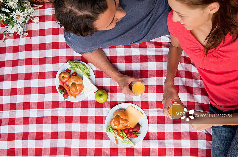 两个微笑的朋友在毯子上野餐的高角度视图图片素材