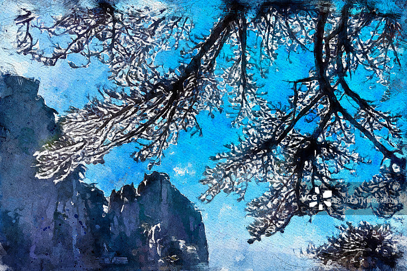抽象水彩画安徽黄山冰冻松树图片素材