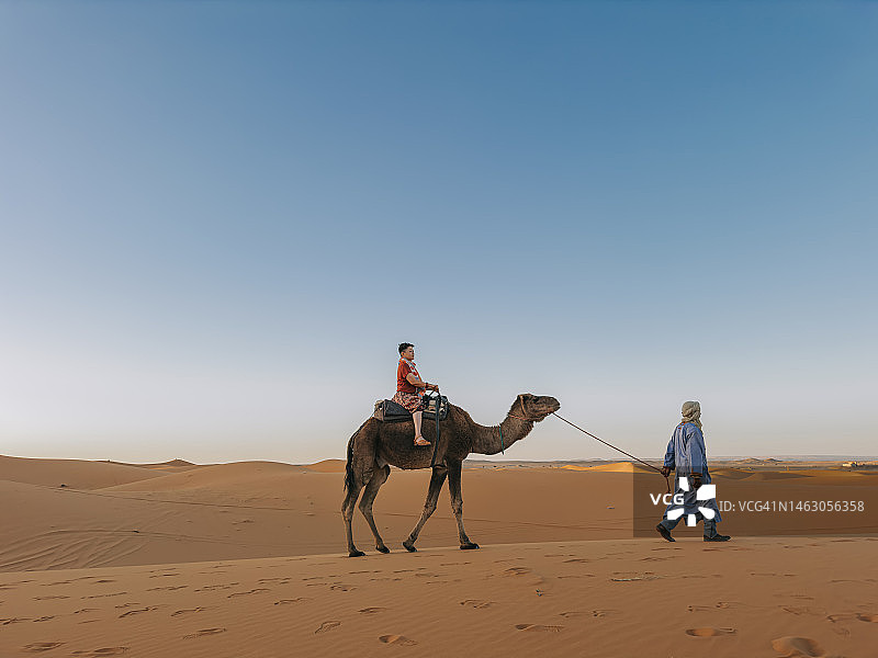 中国游客骑骆驼穿越摩洛哥撒哈拉沙漠，导游带领图片素材