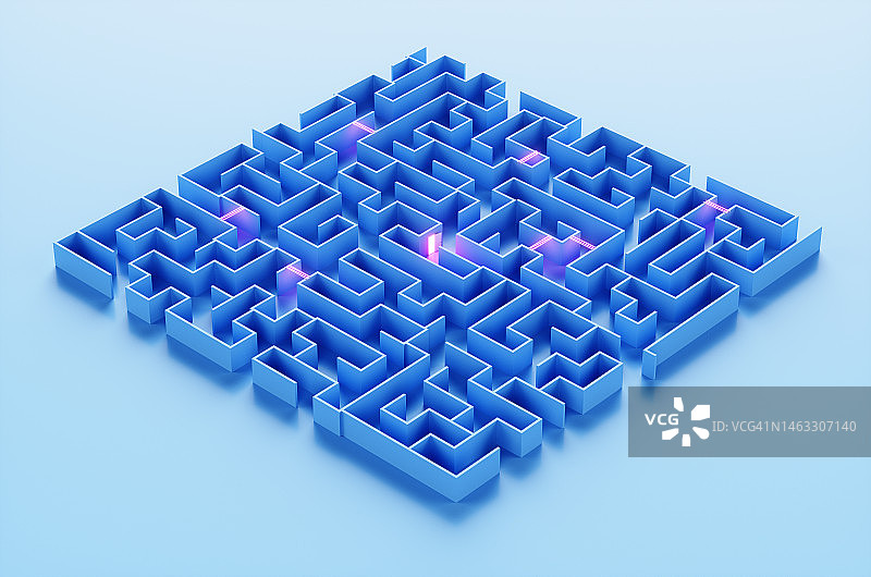 墙上有楼梯和一扇带灯的门的立方体迷宫图片素材