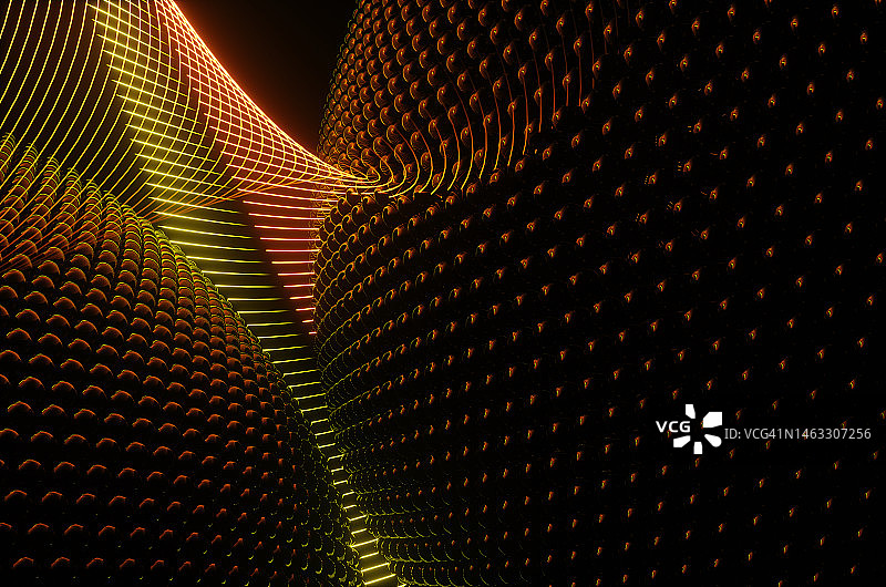 两球体间排列的抽象霓虹灯线背景图片素材