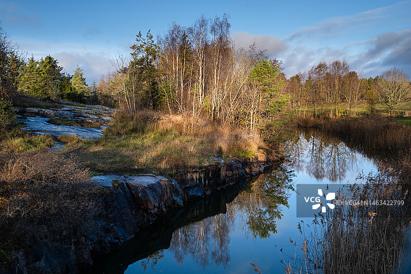 奥兰群岛波罗的海戈德比附近的宁静祥和运河秋色图片素材