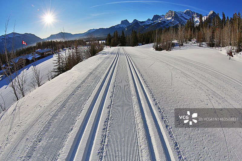 加拿大艾伯塔省坎莫尔北欧中心省立公园的越野滑雪道图片素材