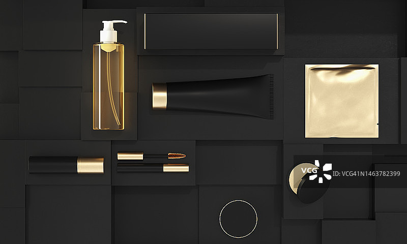 黑色包装中的高级化妆品套装3D渲染图片素材