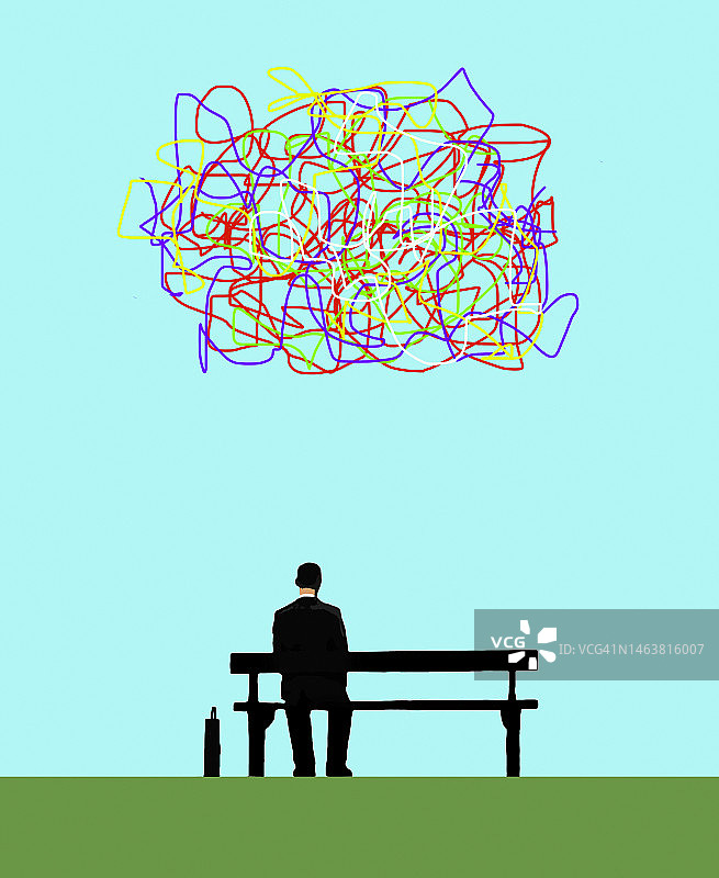 坐在缠绕线条下焦虑的商人插画图片素材