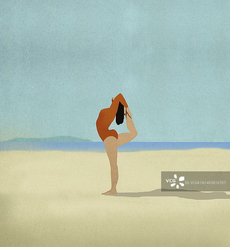 在沙滩上练习瑜伽的年轻女子插画图片素材