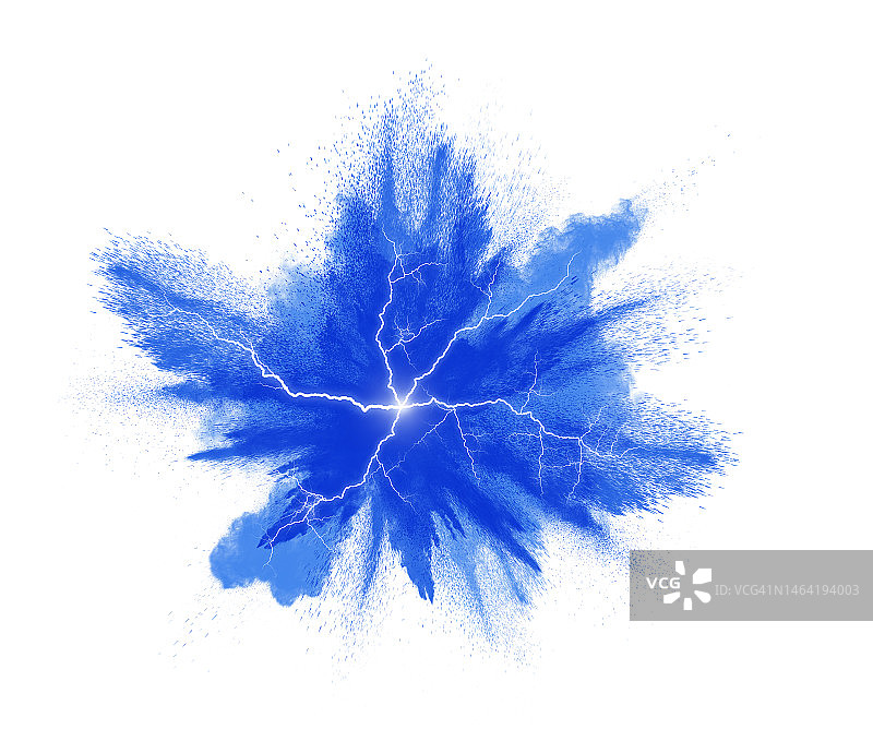 白色背景上的蓝色烟雾和闪电的电爆炸图片素材