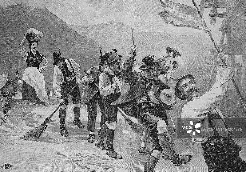 奥地利施泰尔的黄油搬运工队伍，1880年，历史照片，19世纪原版印刷品的数字修复复制品图片素材