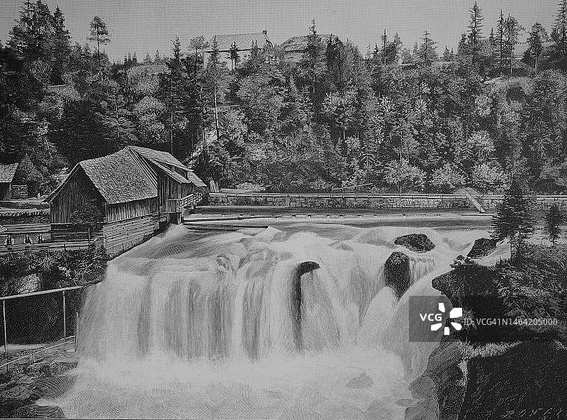 特劳恩瀑布，奥地利特劳恩河上的瀑布（约1880年）图片素材