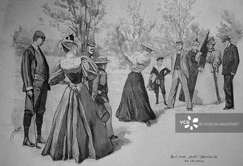 1880年法国高尔夫球场上的景象（十九世纪版画的数字化修复版本）图片素材