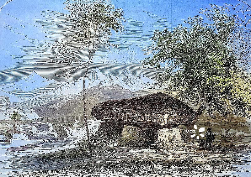 法国奥弗涅-罗讷-阿尔卑斯地区上萨瓦省雷尼耶附近的巨石遗址,仙女石墓,1869年,19世纪原版历史数字修复复制品图片素材