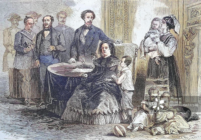 西班牙女王伊莎贝拉二世参观法国波城城堡（1869年，19世纪原版数字修复）图片素材