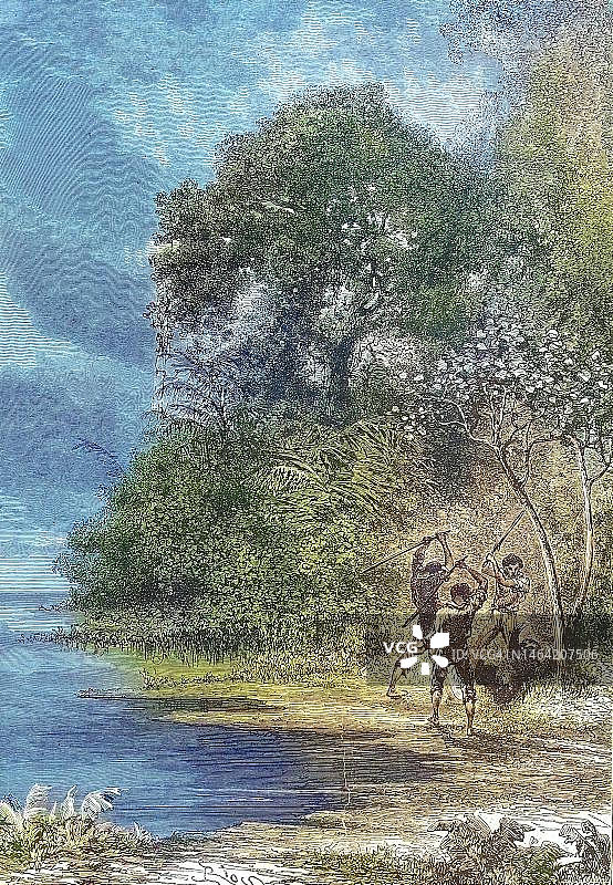 三名男子与AI树懒合影，1869年，亚马逊，巴西，历史资料，19世纪原始作品的数字化修复复制品，确切的原始日期未知图片素材