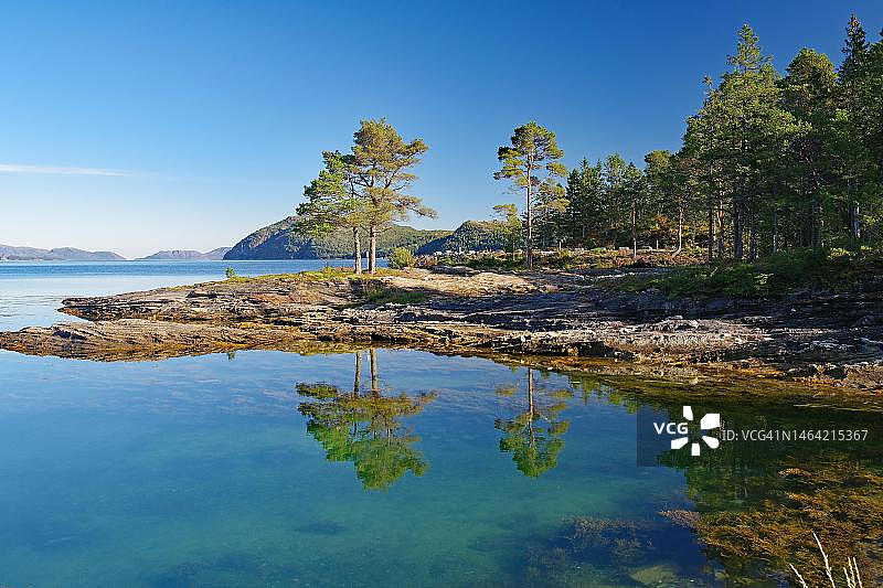 挪威峡湾山水树木倒影图片素材