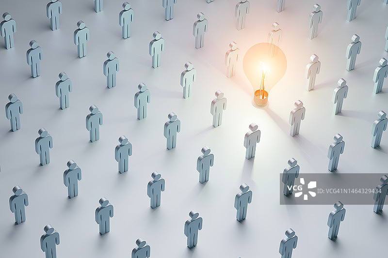 创意想法的灯泡概念与大量图标人，3D渲染图片素材