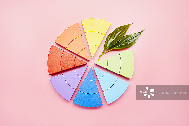 粉色背景上的彩色饼图和绿叶图片素材