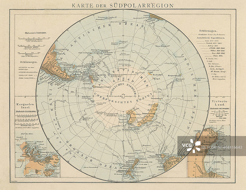 南极地区地图老式彩色石印插图图片素材