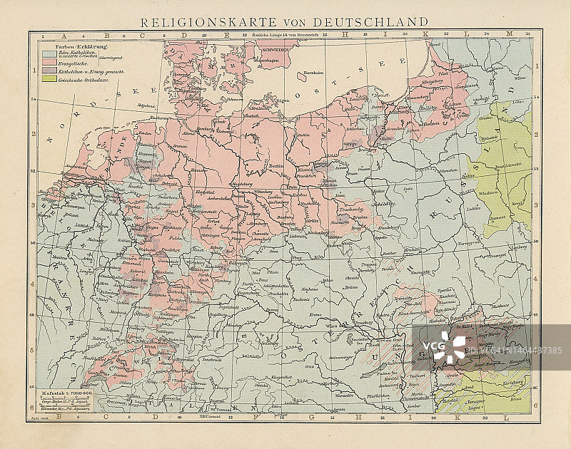 德国人口宗教分布的古老彩色石印地图图片素材