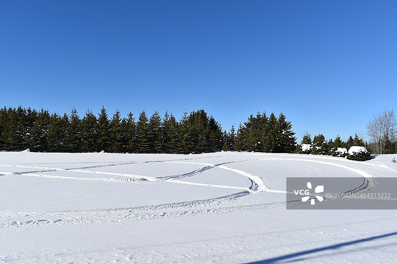 加拿大，晴朗蓝天下被白雪覆盖的田野风光图片素材