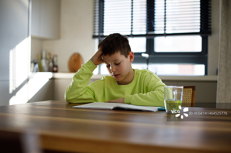 男孩做学校作业或家庭作业图片素材
