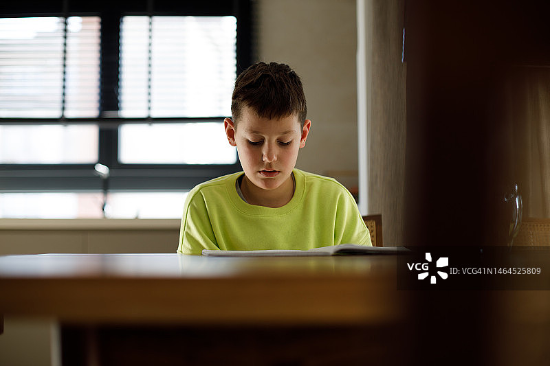 男孩做学校作业或家庭作业图片素材