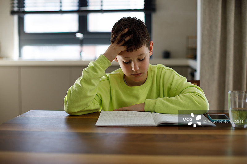 男孩做学校作业或家庭作业图片素材