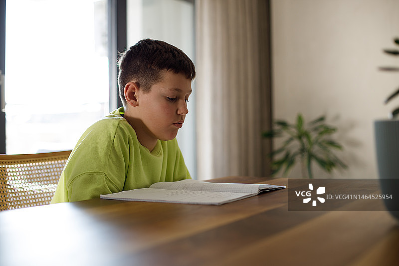 男孩做学校作业或家庭作业图片素材