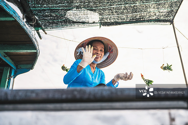 在湄公河三角洲水上市场上的越南老年妇女肖像图片素材