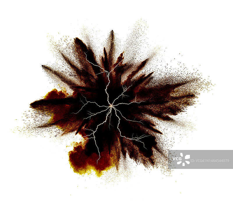 白色背景上带有闪电的烟雾和火焰的电爆炸图片素材