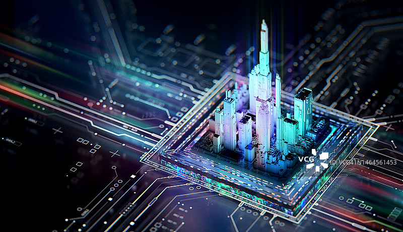未来城市集成在CPU和主板数字芯片上：科技科学背景图片素材