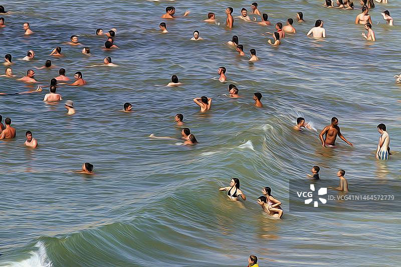 法国比亚里茨海滩上匿名人群俯瞰图，游客在海中游泳，享受清凉，享受夏日乐趣，插图图片素材