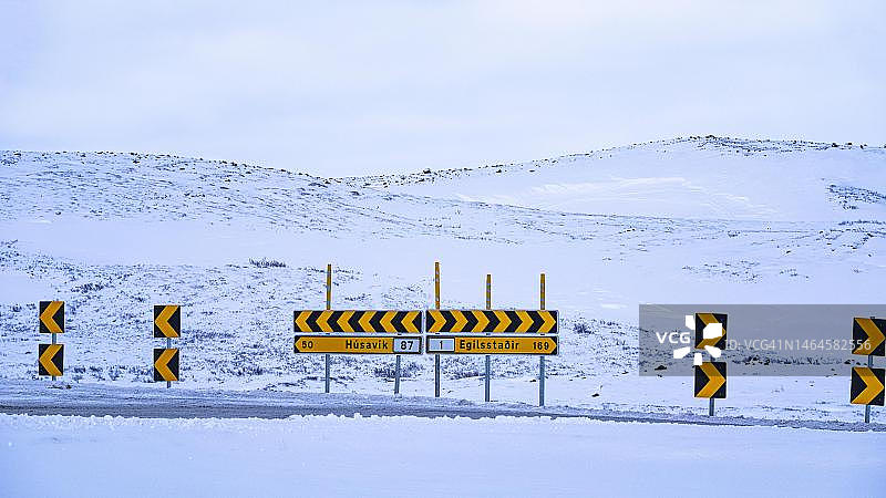 路标，雪山背景，靠近冰岛北部米湖图片素材