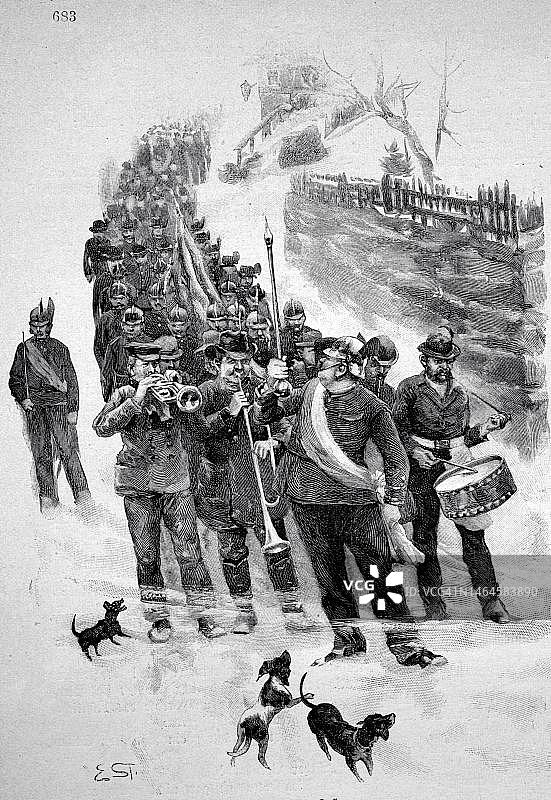 1889年消防队游行,在赫伦斯克雷琴,今天的捷克赫任斯科,历史照片,19世纪原始图案的数字修复复制品,确切的原始日期未知图片素材