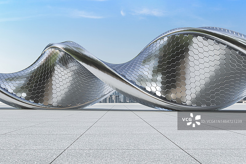 3D渲染：扭曲的抽象金属建筑图片素材