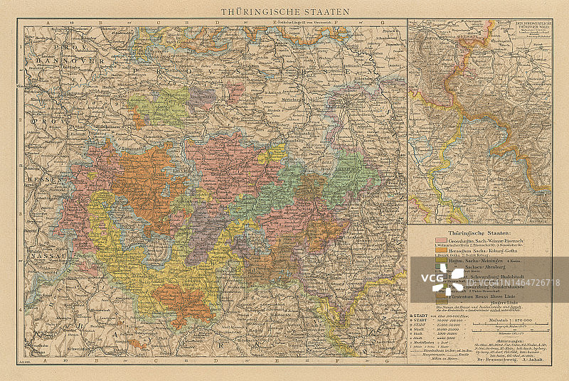 图林根州（德国图林根自由州）古董彩色石印地图图片素材