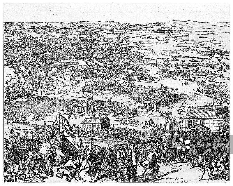 施切青围攻战古老雕刻插图：什切青防御工事，勃兰登堡袭击施切青（1677年）图片素材