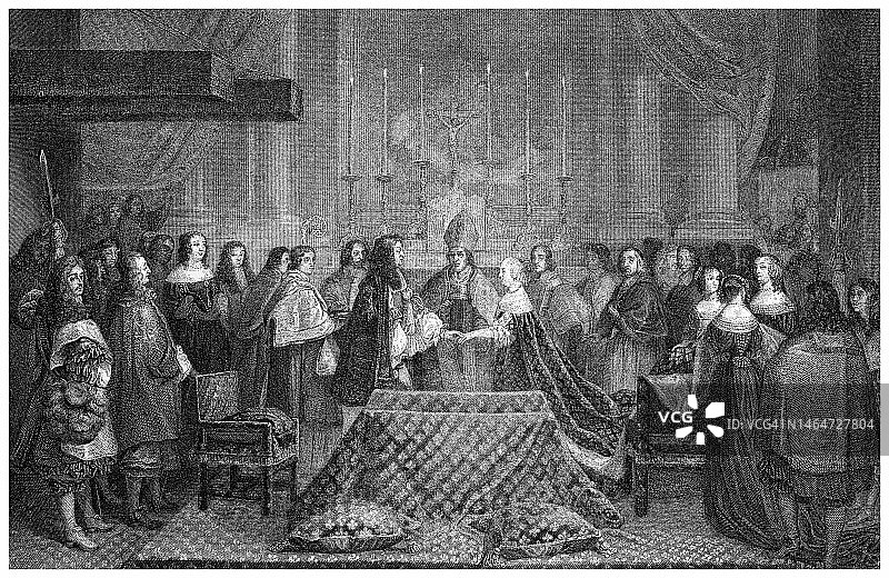 路易十四与奥地利公主在法国圣让德吕兹教堂的婚礼古老雕刻插图（1660年6月9日）图片素材