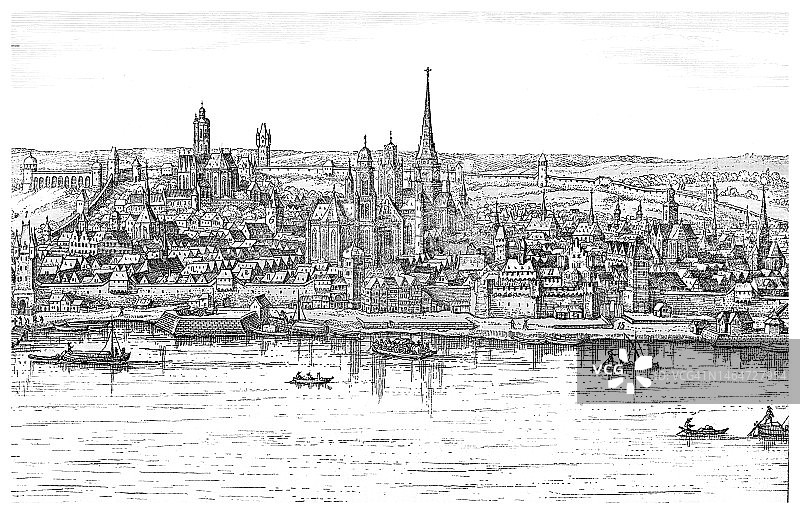 德国莱茵兰-普法尔茨州首府美因茨（1633年）古老雕刻插图图片素材