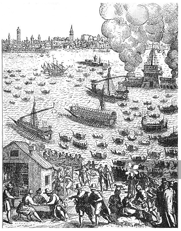 威尼斯总督与亚得里亚海结婚后乘坐布辛托罗国家驳船返回的老雕刻插图图片素材