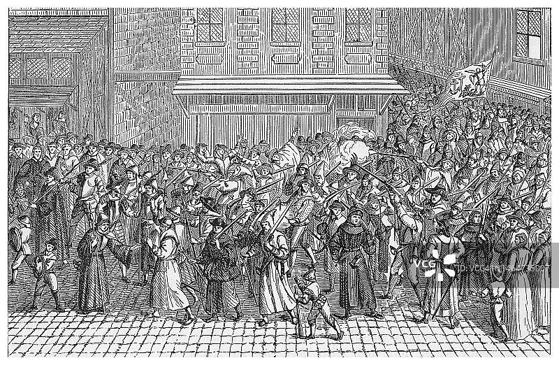 法国天主教联盟（又称神圣联盟）的武装游行古老版画插图 - 1576年由吉斯公爵亨利一世组建图片素材
