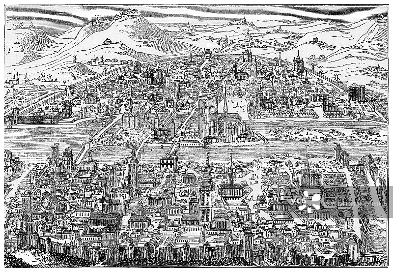 古老的雕刻画：亨利四世时期的巴黎景色（1607年）图片素材