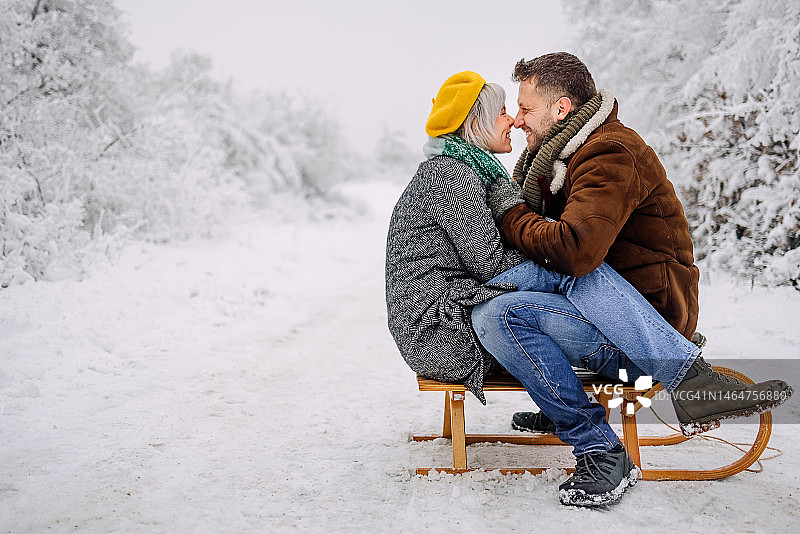 微笑情侣在冬日滑雪图片素材